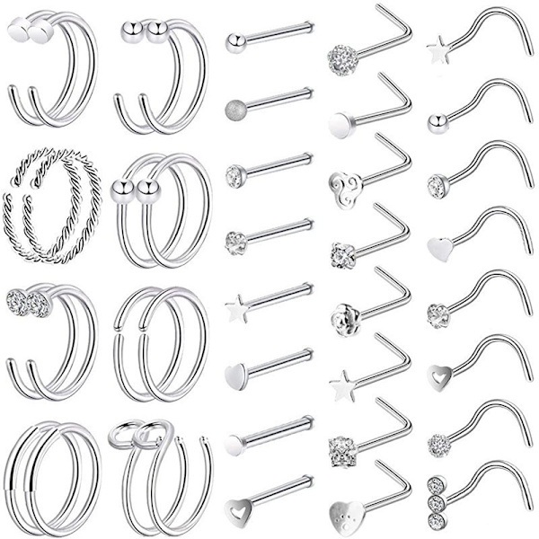 40 st näspiercingar för kvinnor, näspiercing smycken, näspiercing ringar, L-formade näspiercingar, skruvar, 316L kirurgiskt rostfritt stål näspiercingar för män och kvinnor