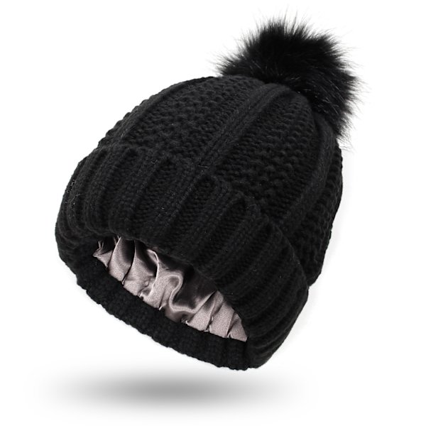 Vinter Kvinners Strikket Lue Hette Med Ikke-Fjernbar Pompom Satin L