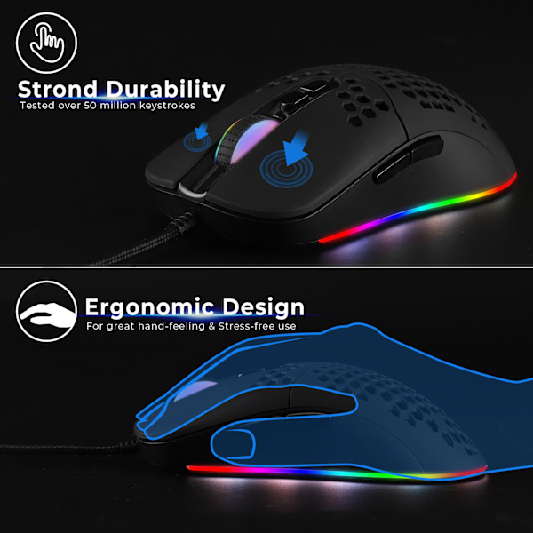 Lätt trådad datormus 5 RGB bakgrundsbelyst typ-C 7200 DPI f
