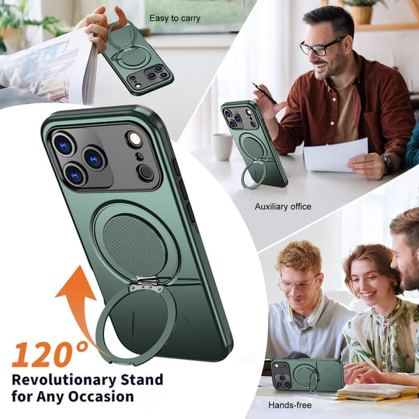 Lämplig för iPhone 16 PRO magnetiskt telefonfodral, stötsäkert telefonfodral, med 360° roterande metallringstativ (stöder MagSafe) Gray-green
