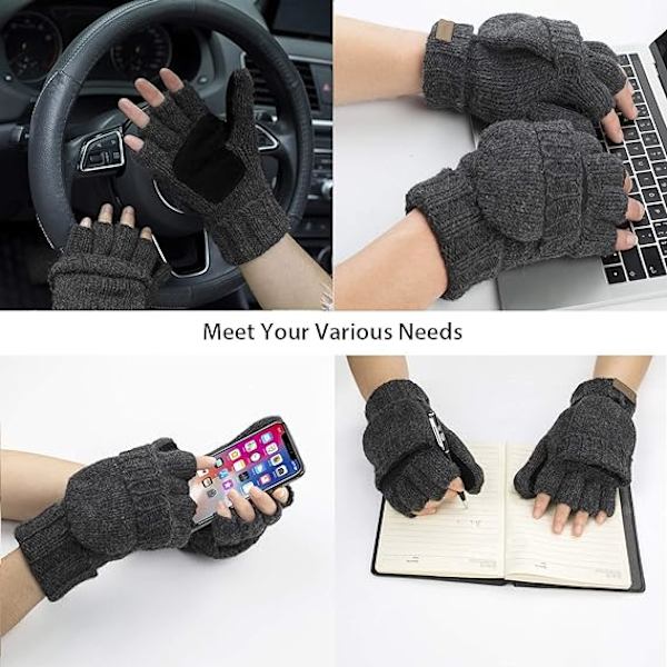 Konvertibla fingerlösa handskar Vinter stickade vantar Ull Varma handskar