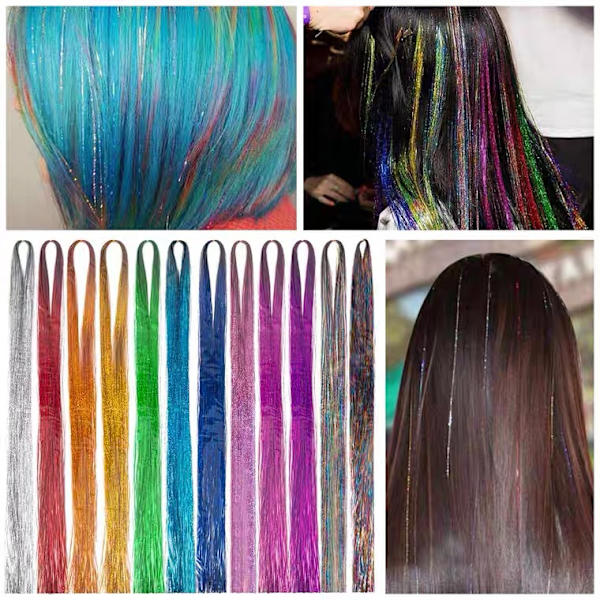 Tinsel hårstrå kit, 12 farver Tinser hår extensions tang