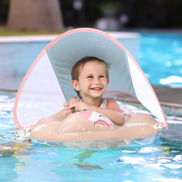 Baby Simningsfloat Uppblåsbar Baby Pool Float Ring Nyaste med Solskyddskåpa, Lägg till Svans för att förhindra Vändning för ålder 3-36 Månader, Rosa L