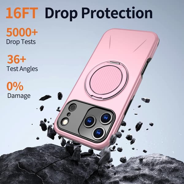 Lämplig för iPhone 16 PRO MAX magnetiskt telefonfodral, stötsäkert telefonfodral, med 360° roterande metallringstativ (stöder MagSafe) Pink