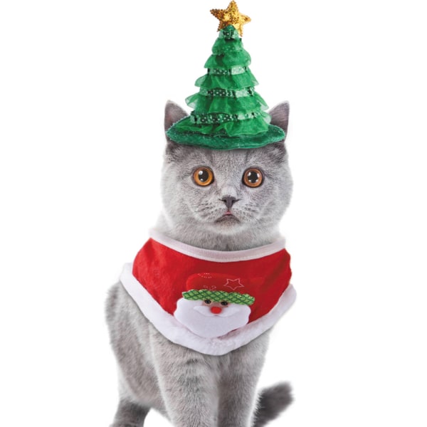 Pet Supplies New Christmas Hat Bib Set Cat Christmas Tree Hat Ac