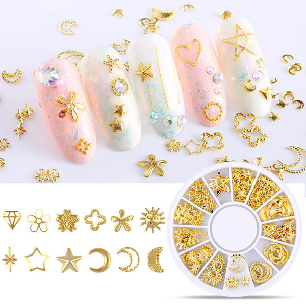 3 laatikkoa kultaisia ja hopeisia nail art -koristeita, metallia, sekoitettuja muotoja, kukkia, tähtiä C