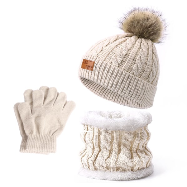 3-delt vintervarmt skjerf og lue sett for barn, Baby Beanie Dobbel Pom Pom Småbarns Vinterlue for 1-8 år gamle gutter og jenter. beige