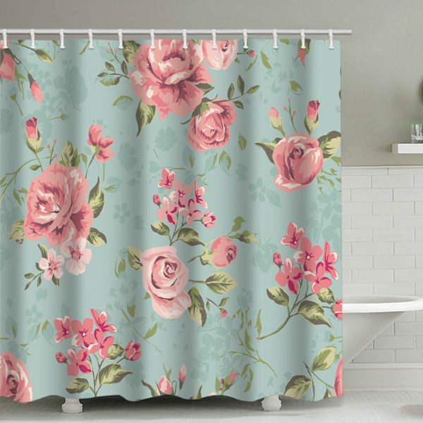 Grønt blomster bruseforhæng, med 12 plastikkroge 180*200cm