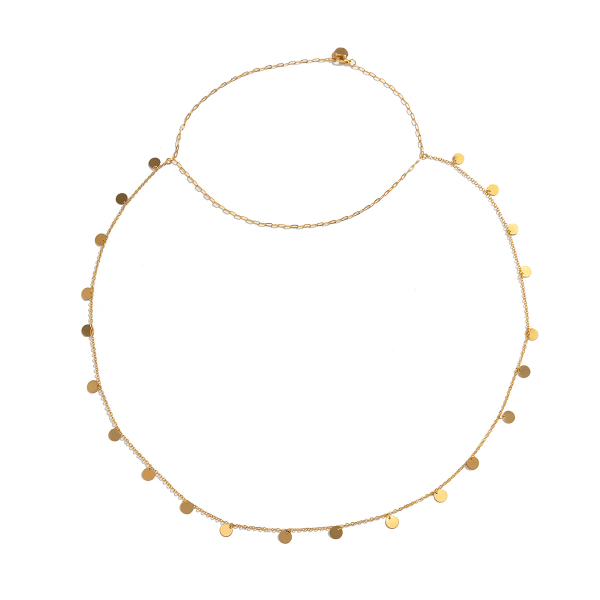 Halsband med pärlor på ryggen, guld, kroppskedja, smycken
