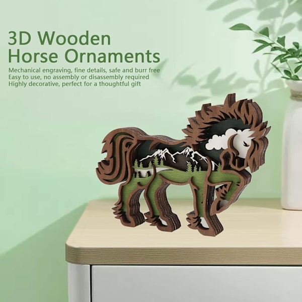 Flerlags utskåret tre 3D trehest ornament, hesteornament