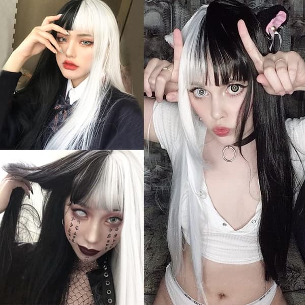 Halv sort halv hvid paryk med pandehår langt lige hår Cosplay
