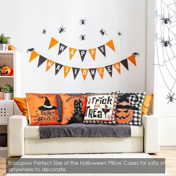 Happy Halloween Linne Örngott Set om 4, Spooky Pumpkin Witch