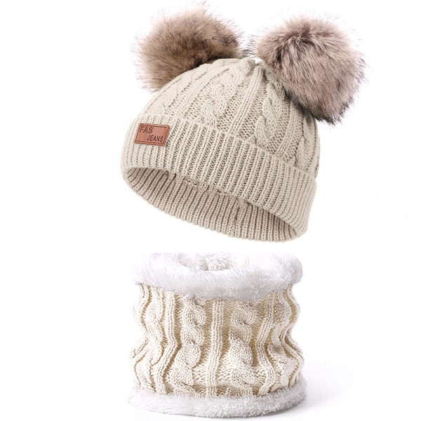 2 stk. Vinterlue og skjerfsett for barn, babylue med dobbel pompom, vinterlue for småbarn fra 1-8 år, gutter og jenter. beige