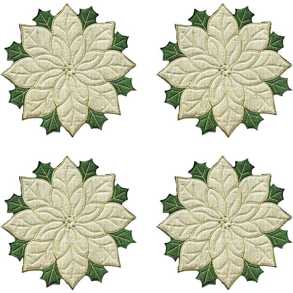 Sæt med 4 dækkeservietter, guldapplikation med grøn broderet blomst