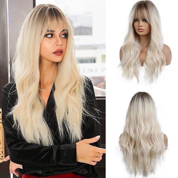 Lang blond paryk med pandehår, naturligt syntetisk hår, ombre blond W