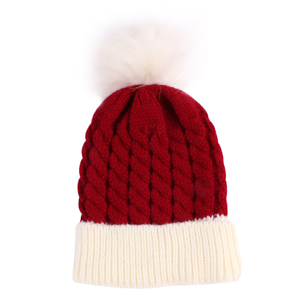 Jul Stickad Mössa för Barn Varm Solid Ull Boll Cap (Röd)