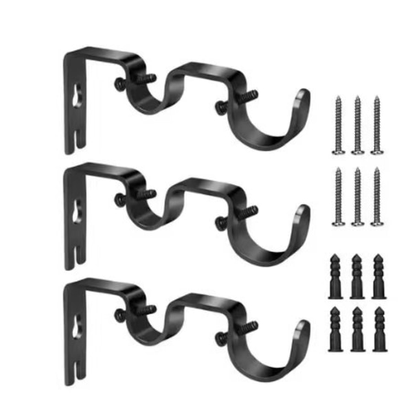 Set med 3 svarta dubbla gardinstångsfästen, dubbla gardinstångsfästen