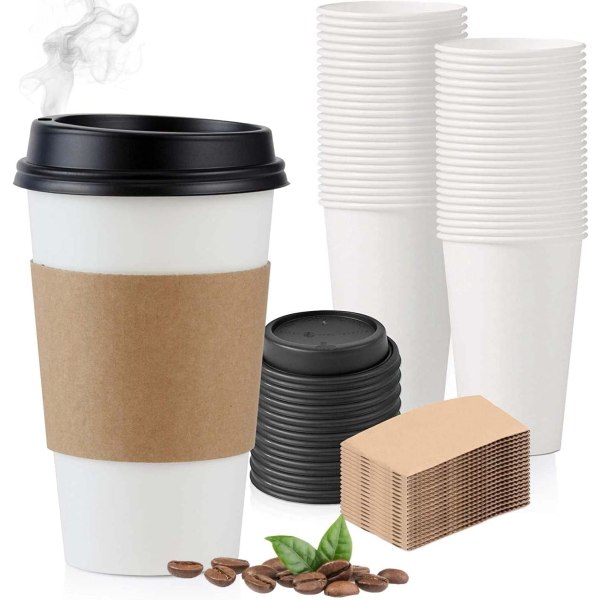 100 SET 16oz papperskaffekoppar med lock Vit, disponibel kaffekopp