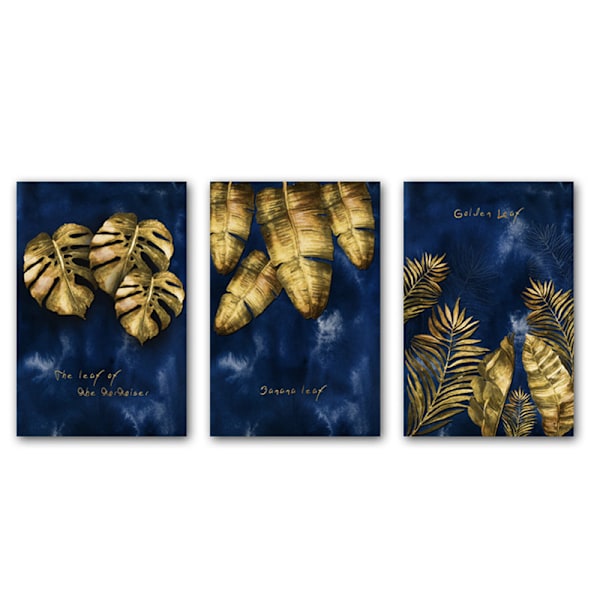 3 stykker billede sæt nordisk luksus navy blå guld abstrakt blad
