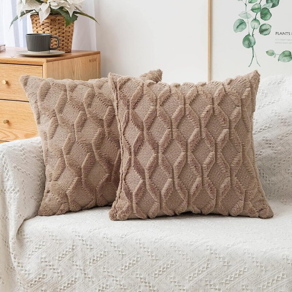 2 Faux Wool Pudebetræk Dekorative Landhus Fløjl Sofa Pudebetræk Blød Plushet Kvadratisk Boho Pudebetræk, Broderi, Geometrisk, Kaffe 45*45CM