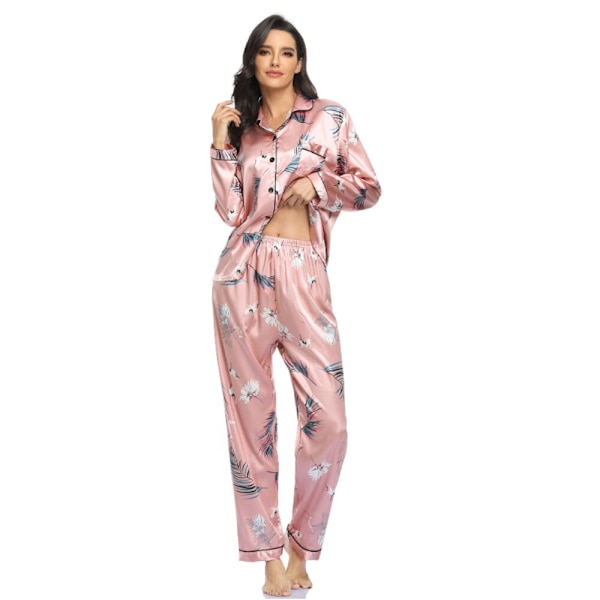 Mysig tvådelad stretch satin vinterpyjamas (M)