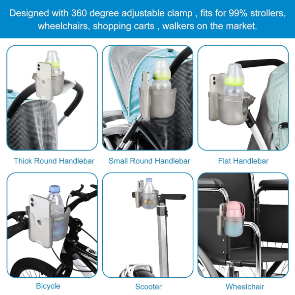Mugghållare för barnvagn, med mobiltelefonhållare, cykelmugghållare, 2 i 1