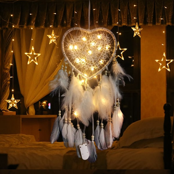 Heart Dream Catcher Boho Style Handgjorda LED-ljus Vägghängande R