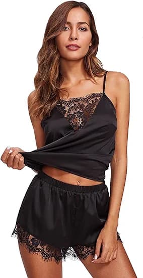 Dame Satin Blonde Trim Pyjamas Sæt XL