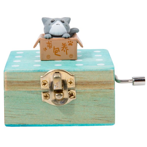 Presentförpackad trä handvev mini musikbox med söt katt Gray