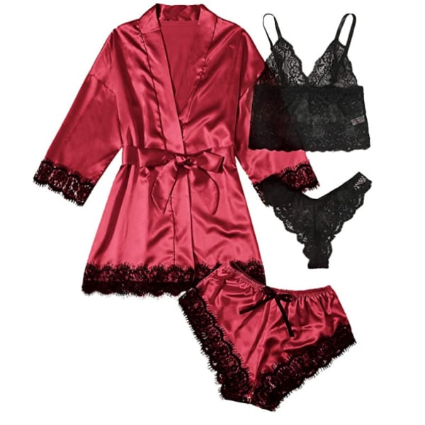 Dam 4-pack blommig spets kamouflage satin pyjamas underkläder set L