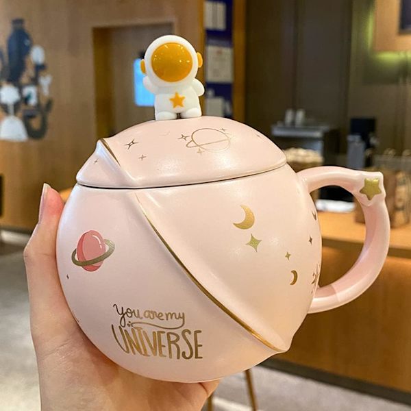 Keramiske kaffekopper med låg, astronaut rustfrit stålske, M