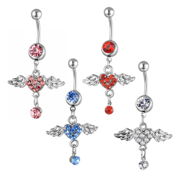 4 gennemborede smykker med diamant engelvinger, navlering, umbi