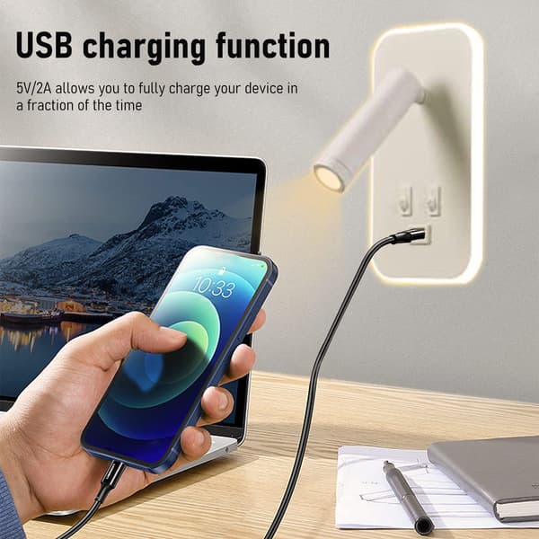 Sengelampe, LED-leselamper med USB-port og bryter