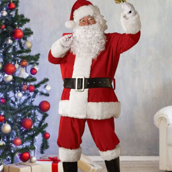 Män jultomten jul outfit kostym vit skägg kostym toppbyxor