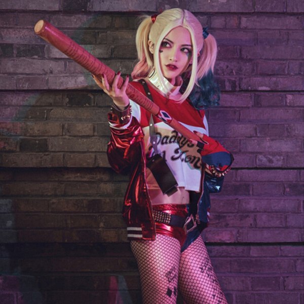 Comics- polyester Harley Quinn peruk (vuxen)Två täcken: ett rosa a