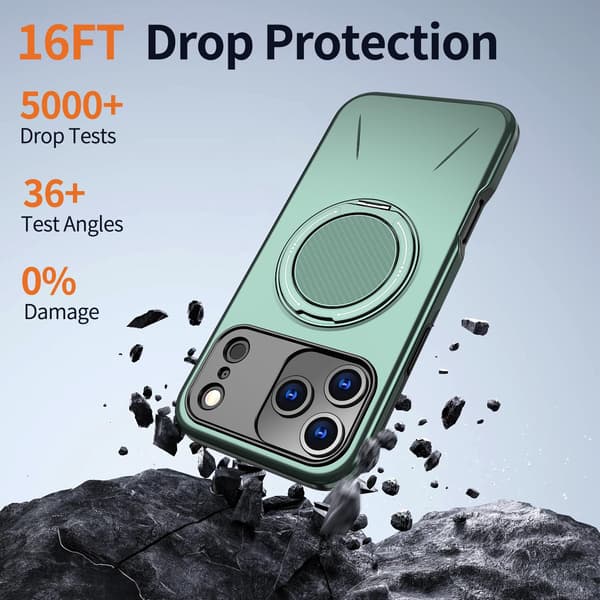 Lämplig för iPhone 16 PRO MAX magnetiskt telefonfodral, stötsäkert telefonfodral, med 360° roterande metallringstativ (stöder MagSafe) Gray-green