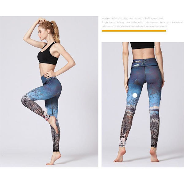 Højtaljede trykte skinny danse- og bodybuildingbukser - blå og hvide M