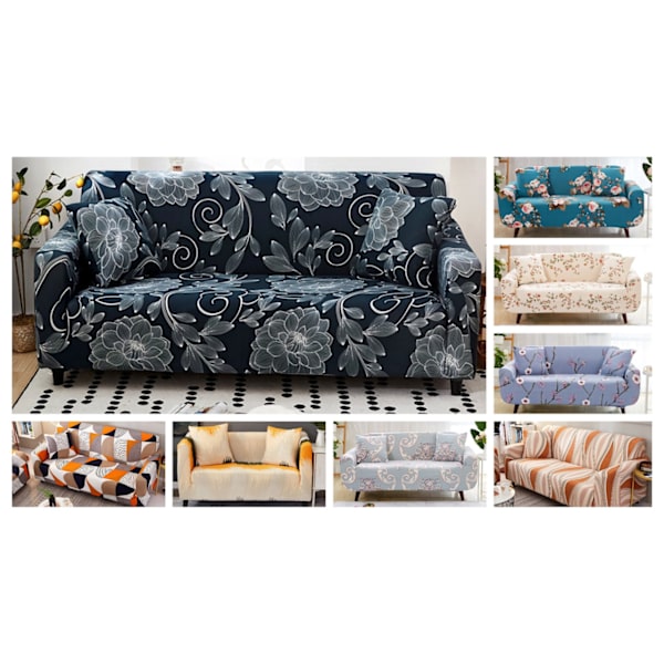 Elastisk trykt sofaovertrekk med samme putetrekk small
