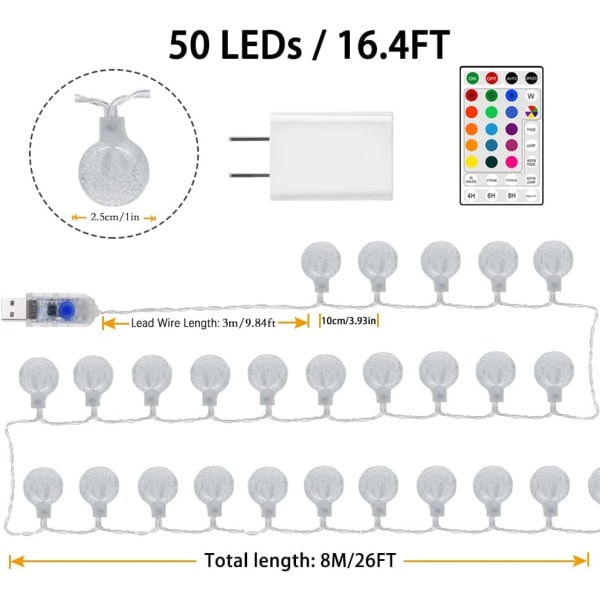 Färgförändrande globstränglampor USB-kontakt, 50 LED-kristallbubb