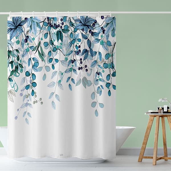 Blå Eucalyptus Bruseforhæng til Badeværelse Floral Akvarel Le