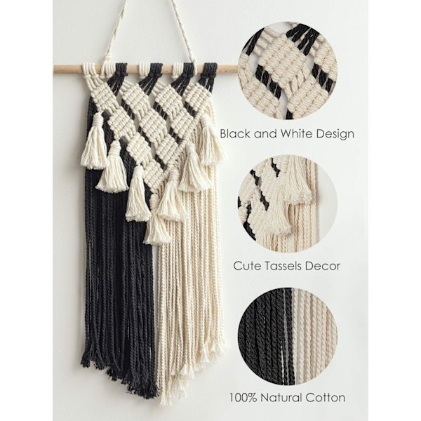 Macrame väggbonad, svartvit väggkonst, liten vävd boho