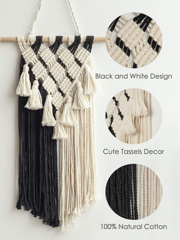 Macrame vægophæng, sort og hvid vægkunst, lille vævet boho