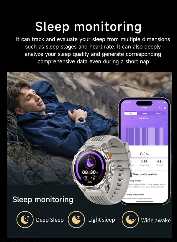 Militært smartklokke for menn, 1,46\" HD-skjerm treningsmåler/Bluetooth-samtaler | Kompass, 540mAh, IP68, hjertefrekvens- og søvnovervåking, for Android og iOS Silver