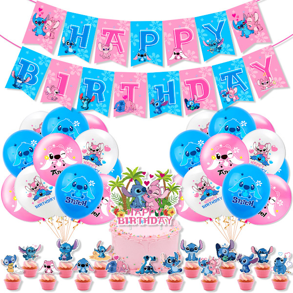 Pink Star Baby Tema Fødselsdagsfest Dekoration Stitch Party Flag Kageindsats Ballon Sæt