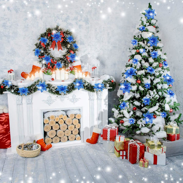 24 stk. Glitter Poinsettia Juletræspynt Jule F