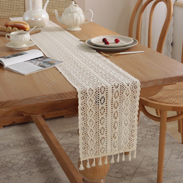Boho Virkad Bordlöpare, Vintage Bohemian Rustik Farmhouse Macrame Bordlöpare för Kök Kaffe Matbord Byrå Heminredning 24*220cm