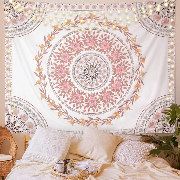 Mandala-esteettinen seinävaate, boho-seinävaate, vaaleanpunainen Flo