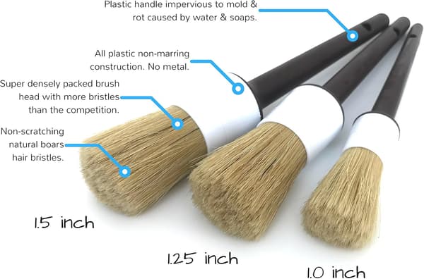 Super Soft Boar Bristle Car Detailing Brushes - 3 Pack