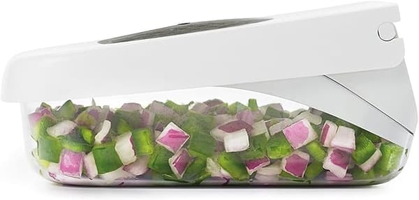 Hvit, grønnsakskutter med oppsamler - Manuell skivemaskin