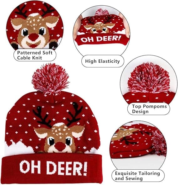 LED Julehat, Unisex Julehat med Hjorteprint til Fest